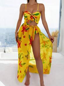 Breezaya Summer Beach Women's Floral Printed Front Knot 3-Piece Bikini Set With Ruffle Hem - Yellow - View 6