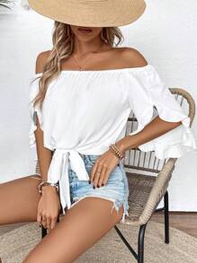 Breezaya Women's Solid Color Off Shoulder Ruffle Trim Tie Waist Blouse - White - View 7