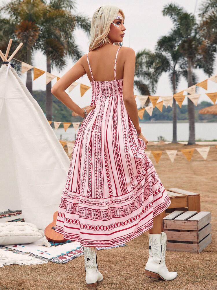 Women's Geometric Printed Sleeveless A-Line Dress With V-Neckline