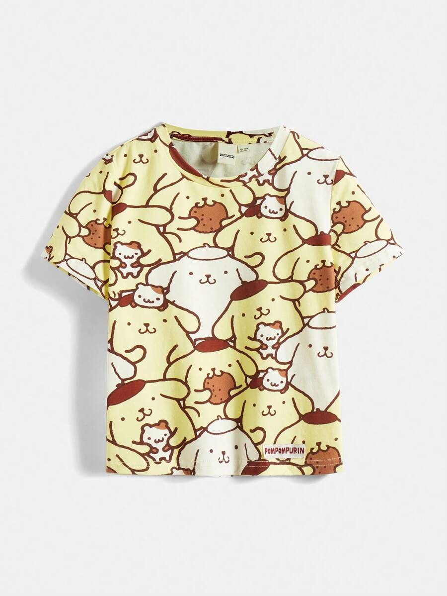 HELLO KITTY AND FRIENDS | SHEIN 男童可愛卡通印花圓領短袖t恤 - 黃色 - 查看 1