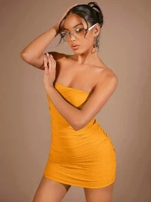SHEIN BAE 女性純色鉛筆連衣裙,褶皺細節與無肩帶設計 - 橘色 - 查看 5
