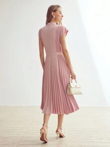 MOTF PREMIUM SOLID BOW MOCK NECK PLEATED HEM DRESS,SUMMER OUTFITS
