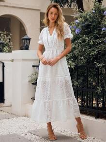 Simplee Women's Summer New Solid Color Hollow Embroidery Waist Cincher Long Dress, Holiday