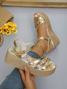 1 par de sandalias de plataforma con suela gruesa para verano, casuales y versátiles para adolescentes, ligeramente pequeñas de talla - Dorado - Ver 4