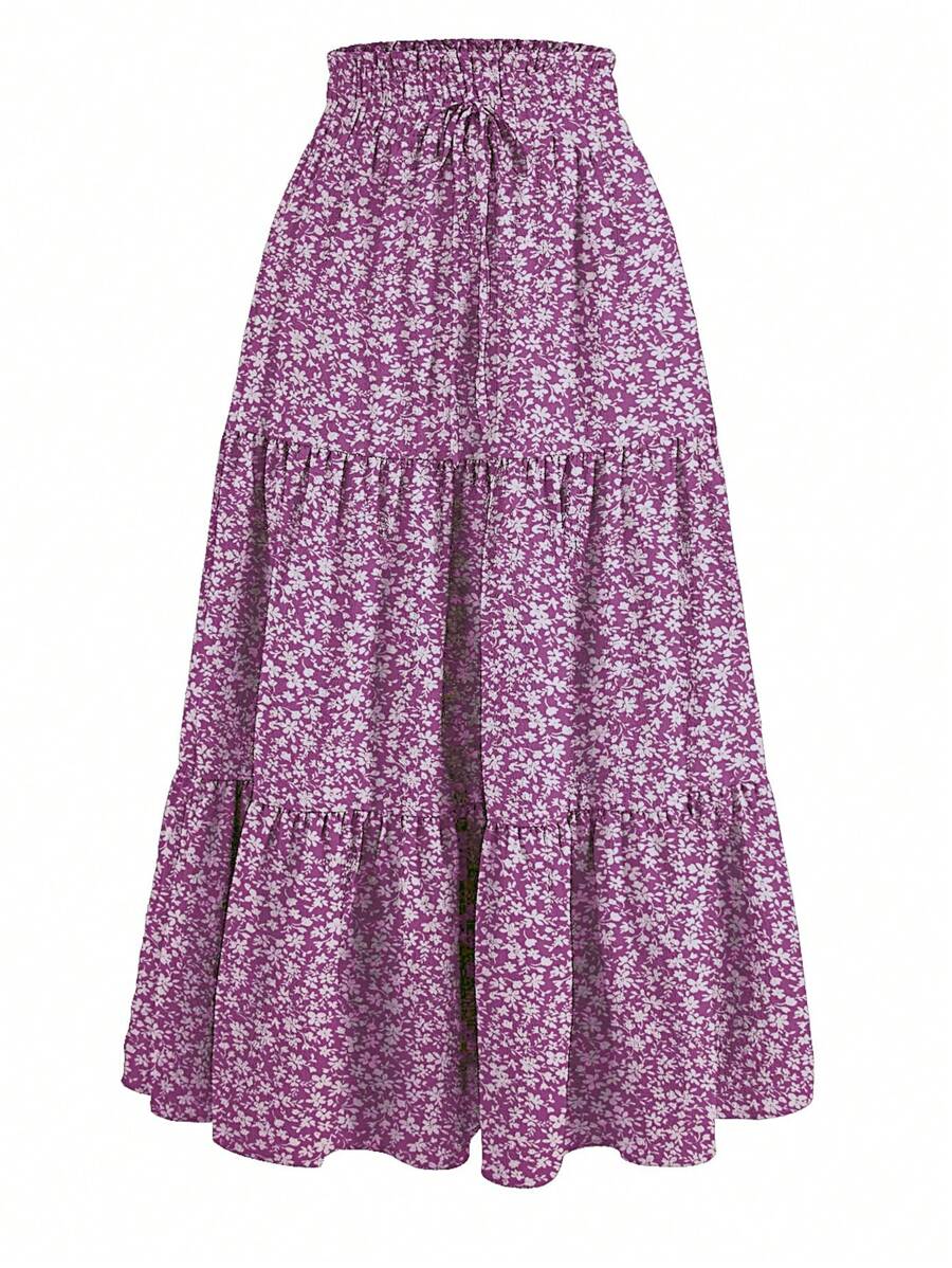Women's Ditsy Floral Layered Ruffle Elastic Waist Vacation Skirt Spring - Purple - View 1
