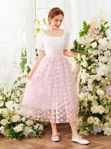 Teen Girl Bowknot Decorated Short Bubble Sleeve Top And Butterfly Applique Mesh Skirt 2pcs/Set - Multicolor - View 4