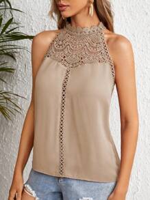 SHEIN Clasi 女士鉤花拼接領口無袖上衣 - 駝色 - 查看 4