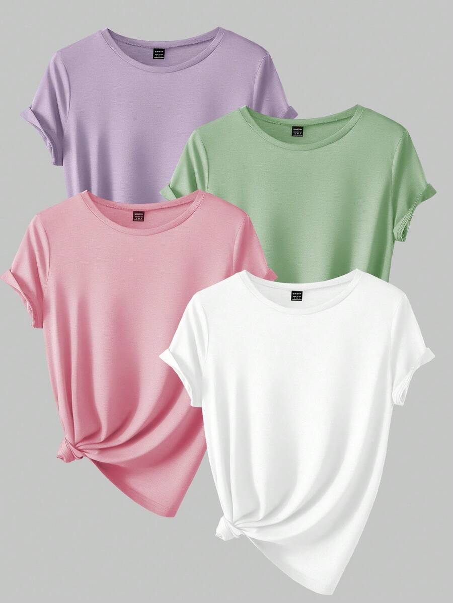 INAWLY Women's Solid Color Round Neck Short Sleeve T-Shirt, Set Of 4 - Multicolor - View 1