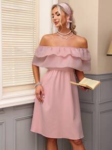GENKIRA Vestido de mujer con hombros descubiertos, unicolor, con múltiples capas y ribete de volantes - Rosa coral - Ver 8