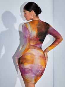 SHEIN BAE 渐层染色網眼束身長袖上衣和裙子 - 玫紅色 - 查看 2