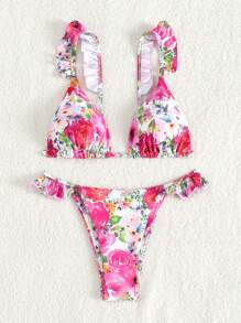 SHEIN Swim Women's Floral Print Ruffle Edge Bikini Set Summer Beach - Multicolor - View 4