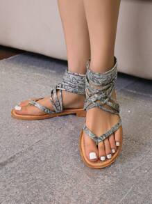 Của phụ nữ Đúng mốt Phong cách mới Phối màu Sự tréo nhau Dây đai Quần lót Thong Bằng phẳng Dép xăng đan - Màu xanh lam - Xem 5