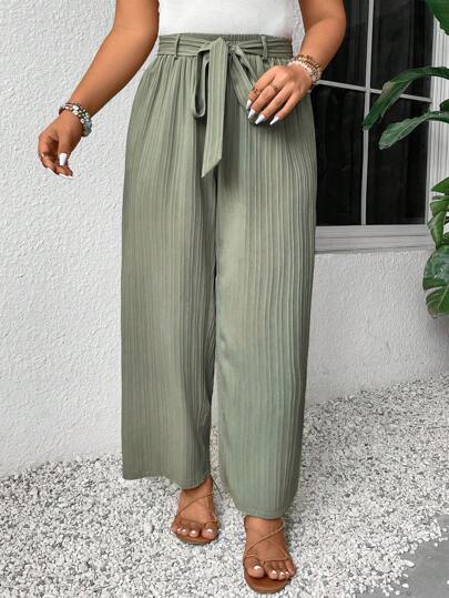 SHEIN Frenchy Plus Size Solid Plisse Wide Leg Pants With Waist Belt