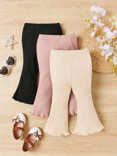 SHEIN 3pcs Baby Girl Casual Solid Color Elastic Waist Lettuce Trim Flare Leg Pants