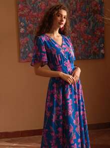 MOTF PREMIUM Vải in hoa Cổ chữ V Tay áo hình bướm Đầm - Nhiều màu - Xem 6