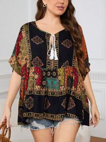 Plus Size Print Pattern Tie-Up Collar Casual Shirt Peplum Top For Summer - Multicolor - View 6