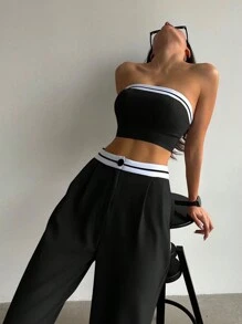 SHEIN EZwear Women's Fashionable Color Blocking Strapless Top And Long Pants Two Pieces Set - Black - View 8