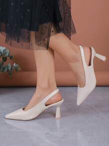 Women's Pointed Toe Stiletto Nightclub Shoes With Elastic Band In Beige