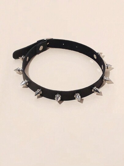 Grunge Punk 1pc Gothic Punk Style Pu Leather Collar Choker Necklace With Spike Studs, Suitable For Ladies Daily Wear, Halloween