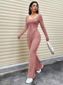 SHEIN Unity Women's Plain Split Hem Ribbed Long Sleeve T-Shirt And Flared Pants Two Pieces Set - Rusty Rose - View 1