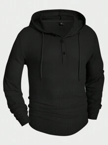 EGENSIO 男士宽松华夫格针织连帽抽绳T恤，秋季长袖上衣 - 黑色 - 查看 6