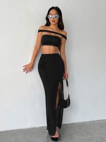 SHEIN ICON Women's Solid Color Ruched High Slit Long Skirt - Black - View 3