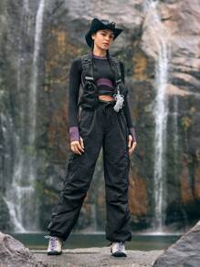 In My Nature Women's Drawstring Waist Cargo Outdoor Cargo Pants - Black - View 3
