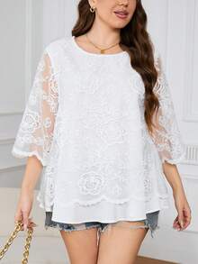 SHEIN Clasi Kích thước lớn Thêu Hoa Vòng cổ Giải trí Áo sơ mi - trắng - Xem 4