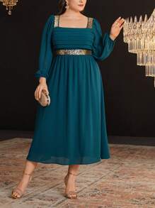 Modelyn Plus Size Sequin Trimmed Ribbon Patchwork Square Collar Pleated Dress