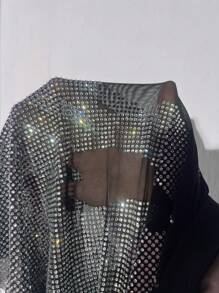 SHEIN ICON Plus Size Women's Mesh Sheer Top With Rhinestone Embellishment For Summer