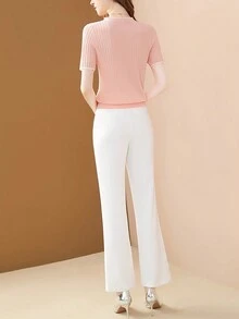 Top de manga corta de punto texturizado color rosa pálido para mujer - Rosa - Ver 2