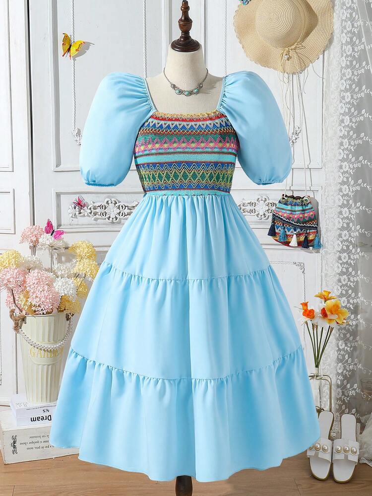 Teen Girl Holiday Patchwork Embroidery Detail Bubble Sleeve Dress