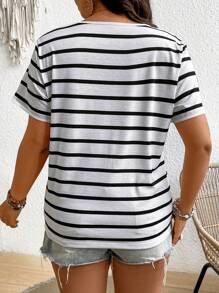 SHEIN Frenchy Plus Size Heart Embroidered Striped Summer Boho T-Shirt