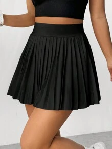 SHEIN Unity Saia Plissada Curta de Cor Sólida para Mulheres - Preto - Visão 6