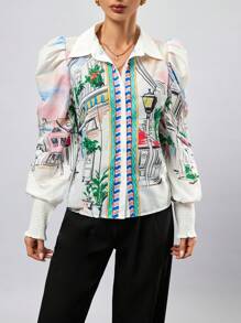 SHEIN Privé Camisa de manga larga con botones y estampado de pintura, camisa con botones para mujer, blusas de manga larga de otoño para mujer - Multicolor - Ver 6