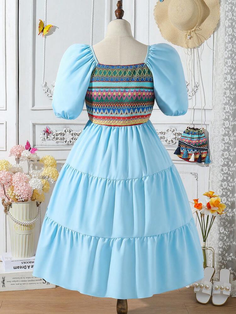 Teen Girl Holiday Patchwork Embroidery Detail Bubble Sleeve Dress