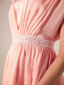 Modelyn Women'S Beaded Detail Waist Cinched Pleated Dress Long Evening Dresses - Dusty Pink - View 8