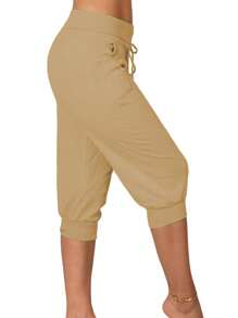 INAWLY Pantalones Capri De Cintura Alta Y Cordón Sólido Para Mujer - Marrón - Ver 6