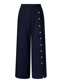 Jisfaneya Plus Size Solid Color Button-Up Cuffed Split Hem Semi-Elastic Waist Pleated Fabric Dark Blue Wide-Leg Pants Elegant Commuter Style For Daily Office Wear Versatile Spring/Summer Wide-Leg Pants Casual - Navy Blue - View 3