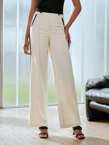MOTF PREMIUM CONTRAST PIPING SEAM FRONT SUIT PANTS - Apricot - View 5