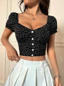 SHEIN Unity Của phụ nữ Chấm bi Người yêu Đường viền cổ áo Quần skinny Áo sơ mi - màu đen - Xem 1