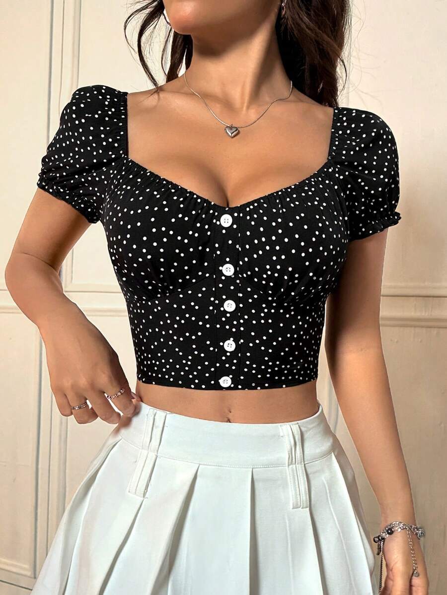 SHEIN Unity Của phụ nữ Chấm bi Người yêu Đường viền cổ áo Quần skinny Áo sơ mi - màu đen - Xem 1