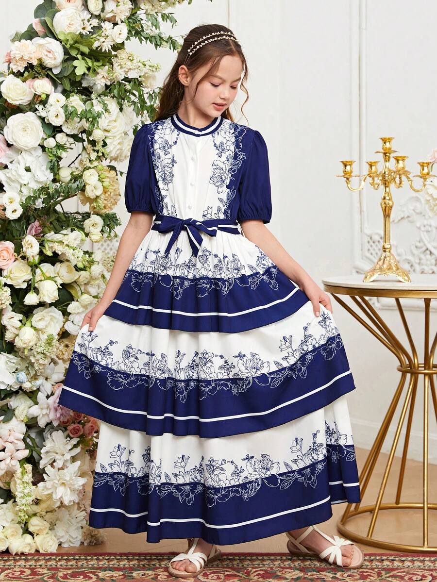 SHEIN Tween Girl's Contrasting Floral Print Waisted Dress - Blue and White - View 1