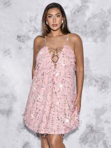 SHEIN BAE Vestido de fiesta de graduación con cuello halter, espalda abierta, largo hasta la rodilla, con flecos, lentejuelas, detalles de strass y talla grande para mujer en color rosa - Rosa vieja - Ver 2