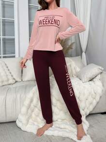 Letter Print Round Neck Long Sleeve Top And Long Pants Two-Piece Pajama Set, Fall Clothes  Cozy And Elegant Details