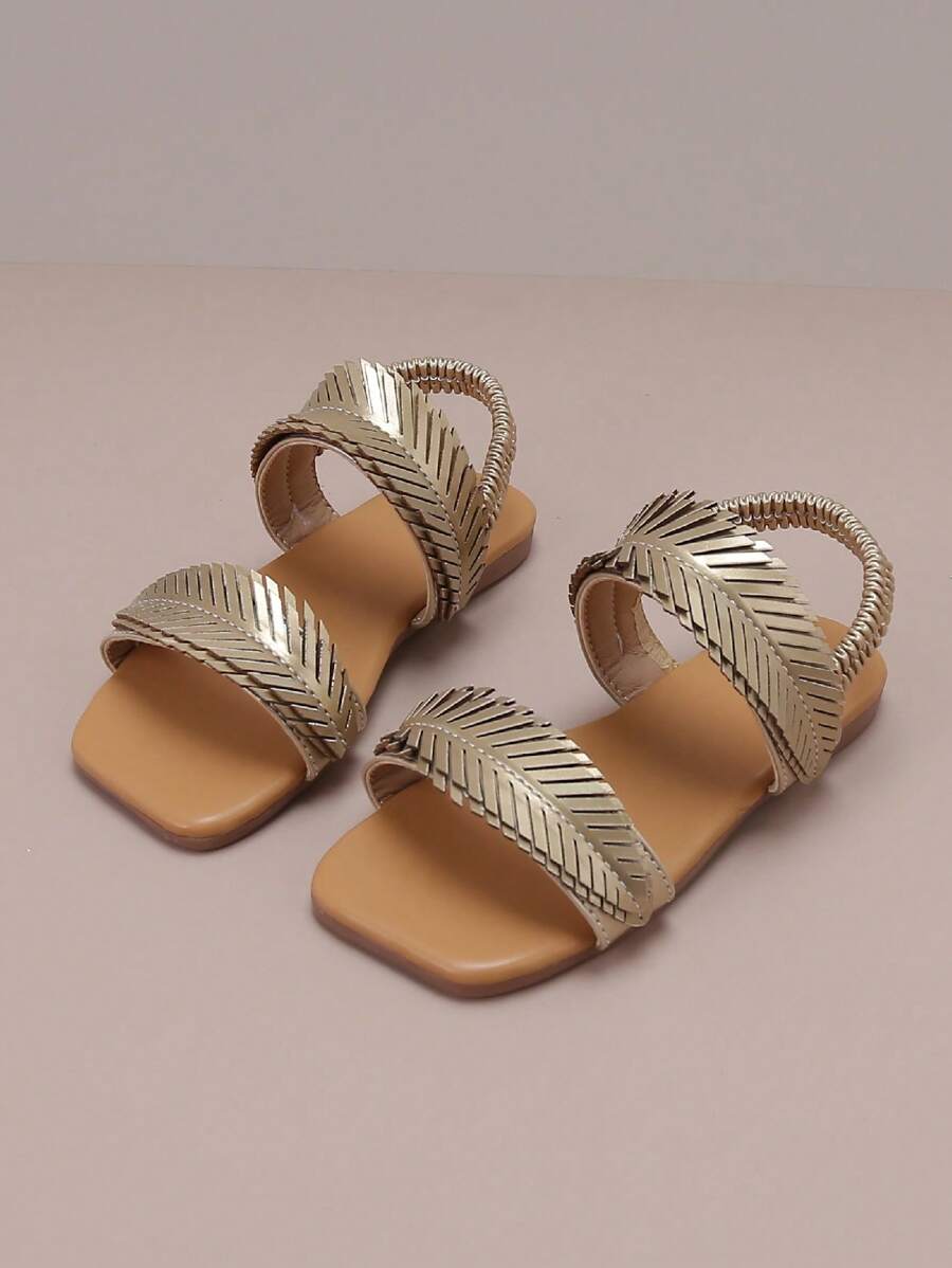 Sandálias Casuais Planas de Verão com Estampa de Folhas e Alça, Moda Infantil - Dourado - Visão 1