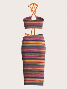 SHEIN ICON Music Festival Rave Concert Outfits Colorful Striped Knitted Halter Y2k Top And Low Waist Skirt Summer Sets - Multicolor - View 3