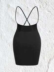 SHEIN EZwear 女式大尺碼無袖連身緊身裙,背部空心腰間和字母印花 - 黑色 - 查看 2