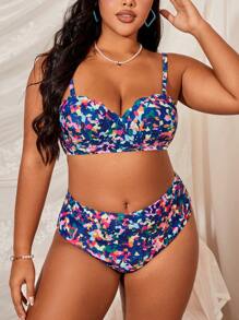 SHEIN Swim Curve 夏季海滩加大码全印花细肩带比基尼套装