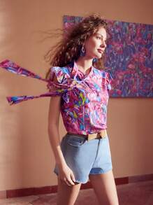 MOTF PREMIUM ALLOVER PRINT TIE NECK RUFFLE ARMHOLE BLOUSE